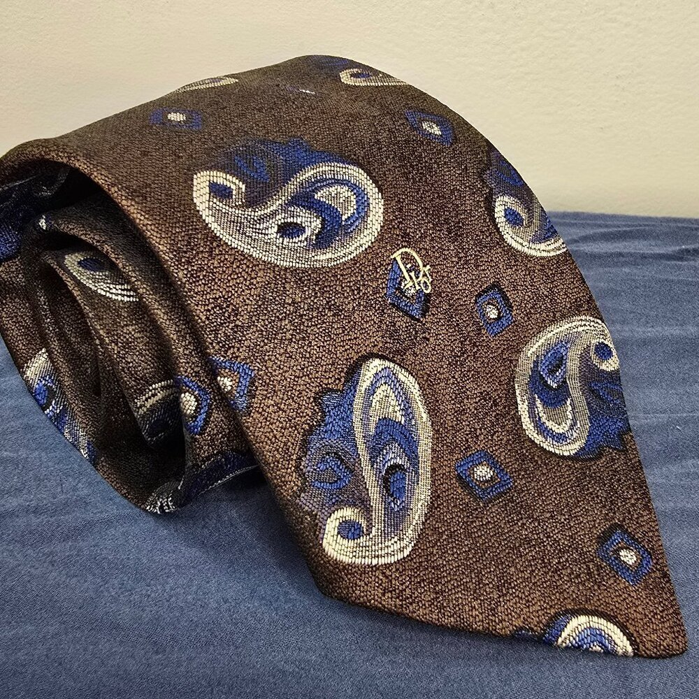 Vintage Christian Dior Monsieur Tie - Brown, Navy, and Silver Paisley Peacock - Picture 2 of 5
